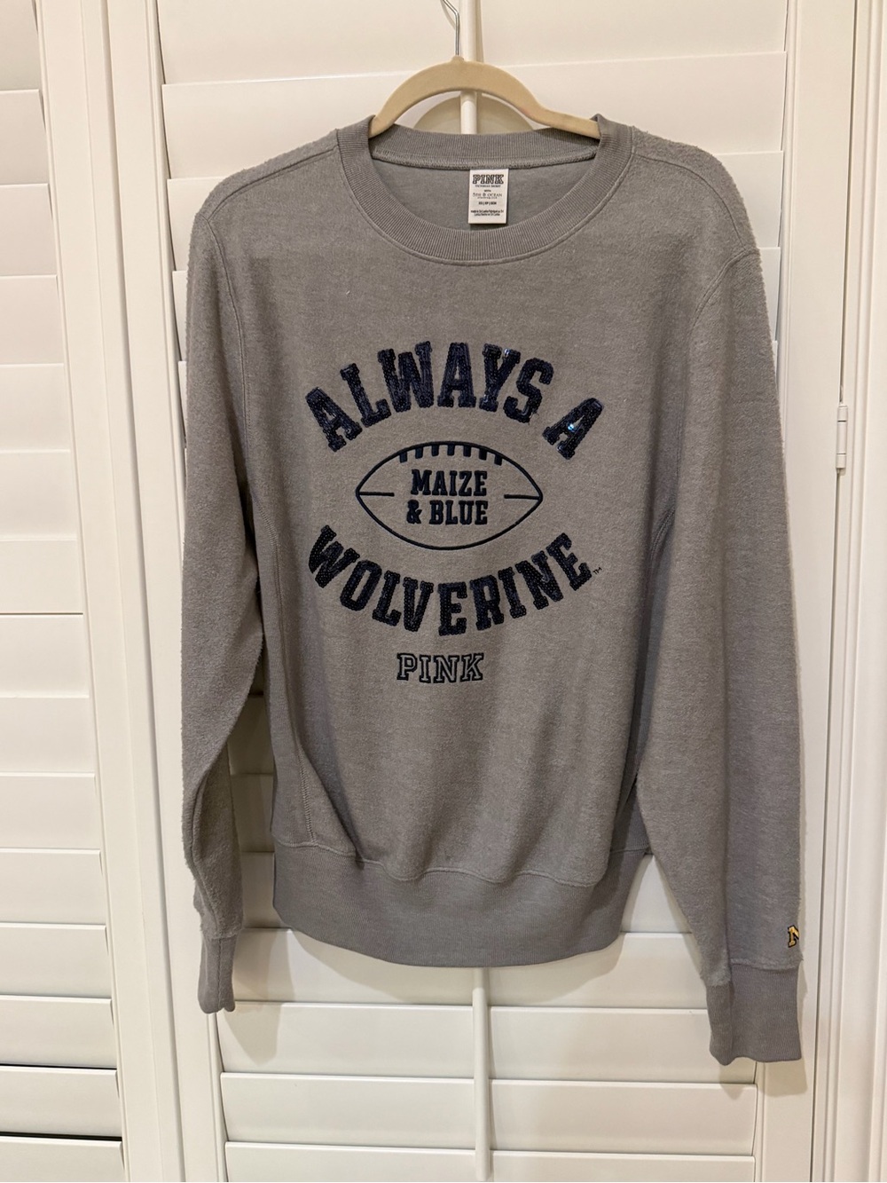 PINK Victoria's Secret Gray Crewneck with Navy 'Always A Wolverine' Graphic